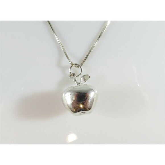 Unusual 3D Apple Pendant with 20" Box Chain Sterling Silver Necklace - Picture 6 of 12